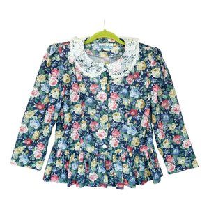 Vintage Just Ducky Blouse Sz 12 Floral Print‎ Eyelet Embroidery Statement Collar